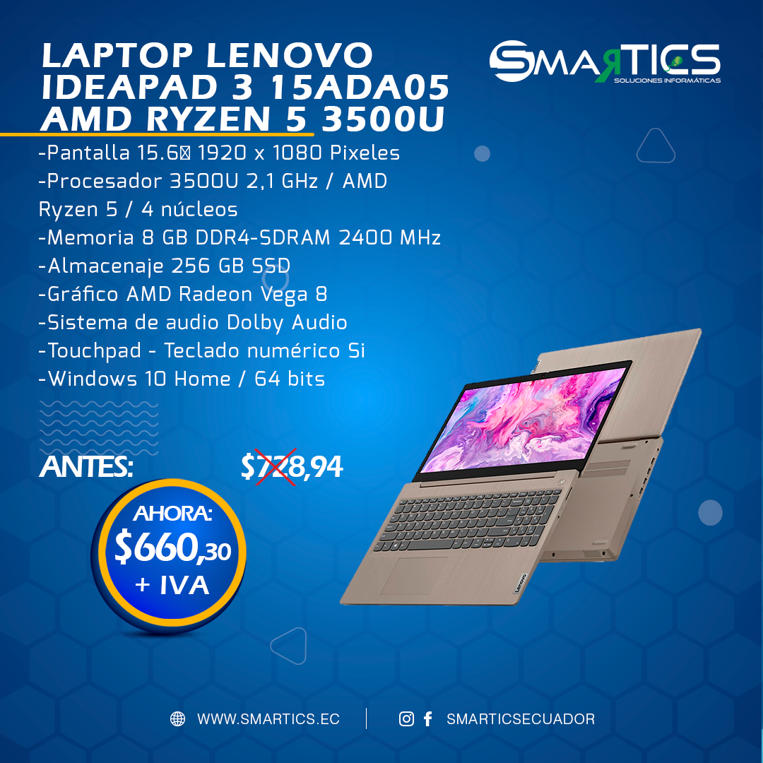 Lenovo IdeaPad 3 15.6 Ordenador portátil, AMD Ryzen 5 3500U 8GB de memoria,  256GB SSD, Windows 10